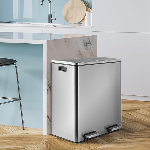 16 Gallon Rectangular Stainless Steel Trash Can, Dual Compartment Garbage Bin - Image 7