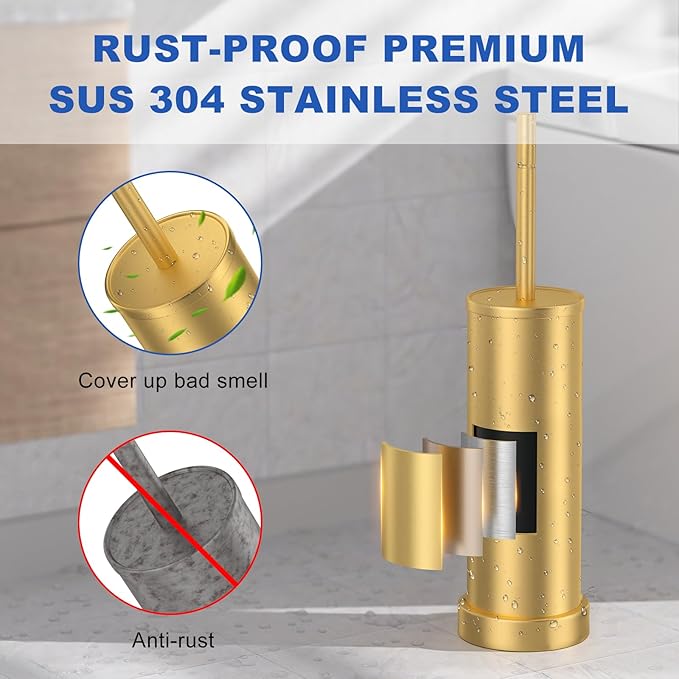 Toilet Brush and Holder Set: 304 Stainless Steel Brushed Gold Toilet Bowl Brush - Image 2