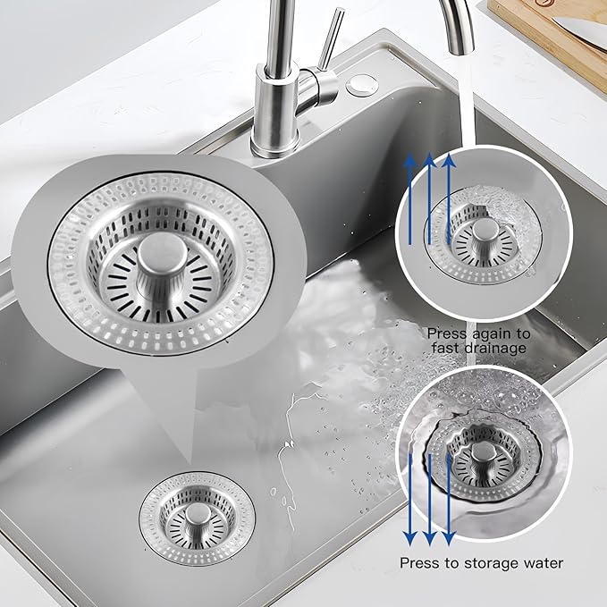3 in 1 Kitchen Sink Drain Strainer Stopper, Stainless Steel Pop Up Sink Stopper - Image 2