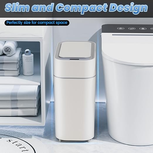 Bathroom Trash Can with Lid: 2.3 Gal Small Slim Motion Sensor Wastebasket - Image 4