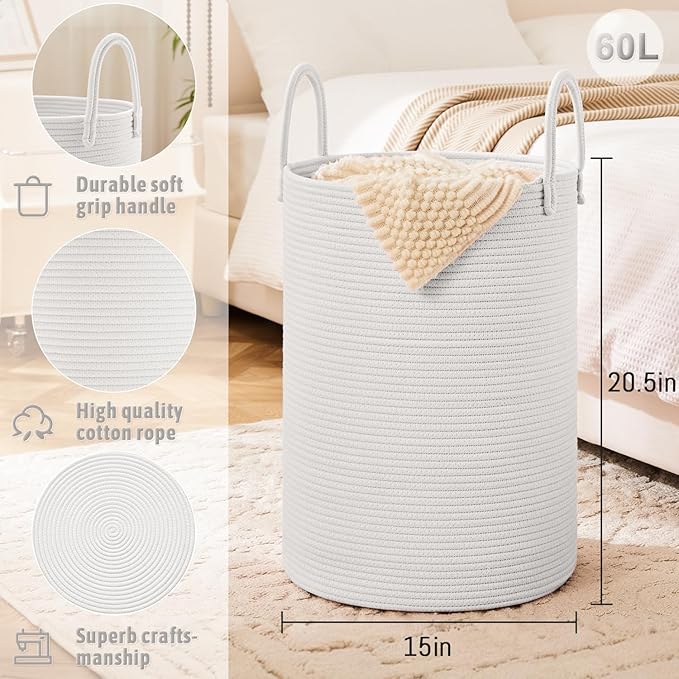 Laundry Basket, Woven Cotton Rope Laundry Hamper, 60L - Image 6