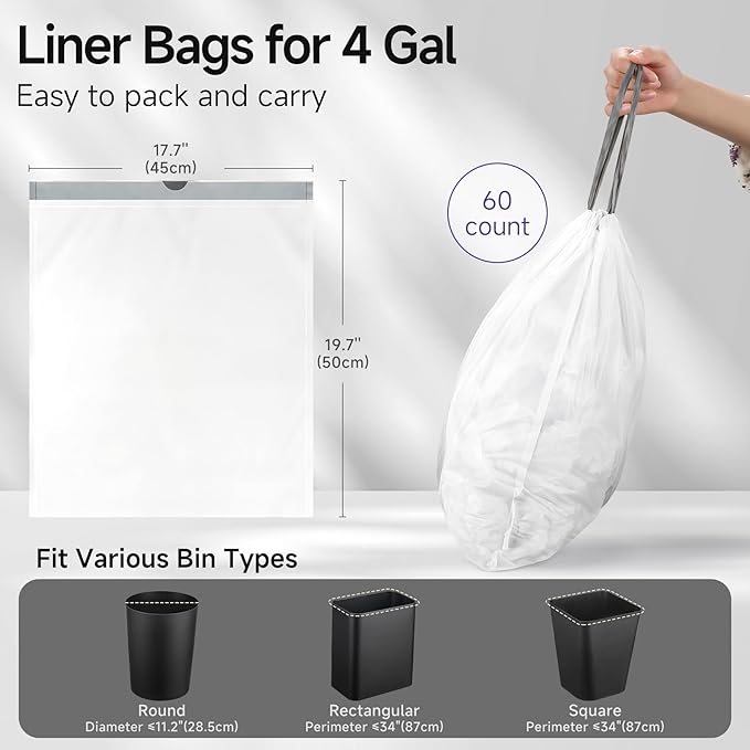 Drawstring 4 Gallon Trash Bags, Pre-Cut Strong Wastebasket Bin Liners - Image 3