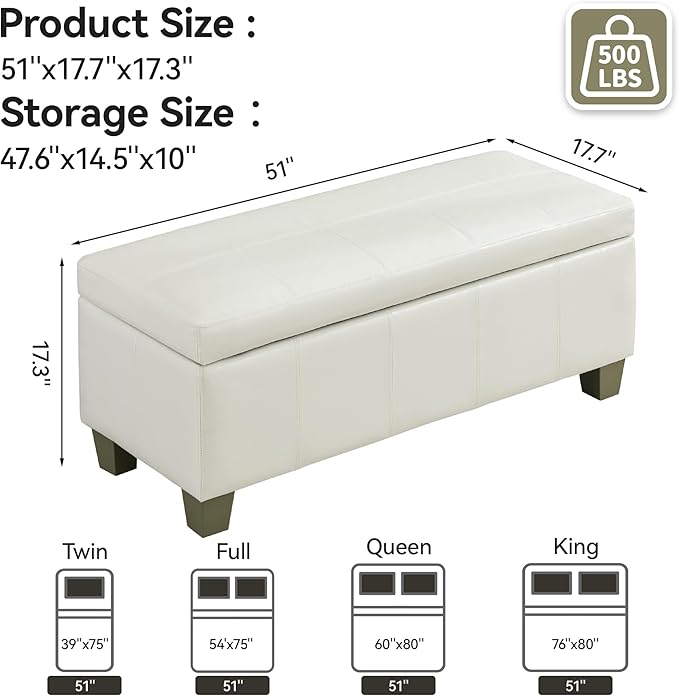 51" Faux Leather Storage Ottoman, Stitch Tufted Rectangle Upholstered End of - Image 2