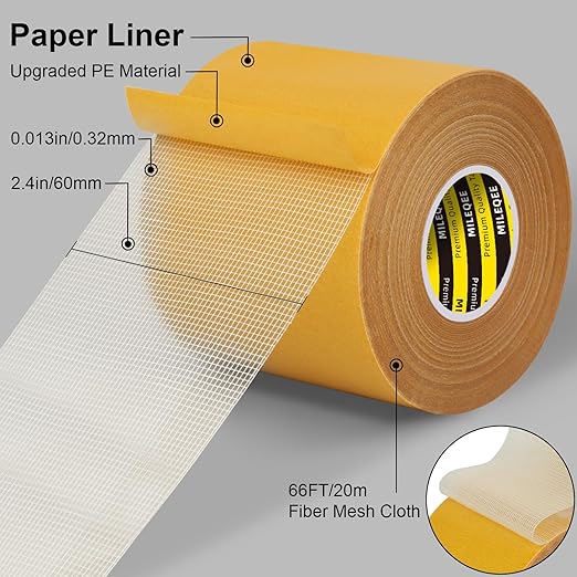 Double-Sided Mesh Carpet Tape Heavy Duty, 2.4in x 66FT, Large Durable Duct - Image 2
