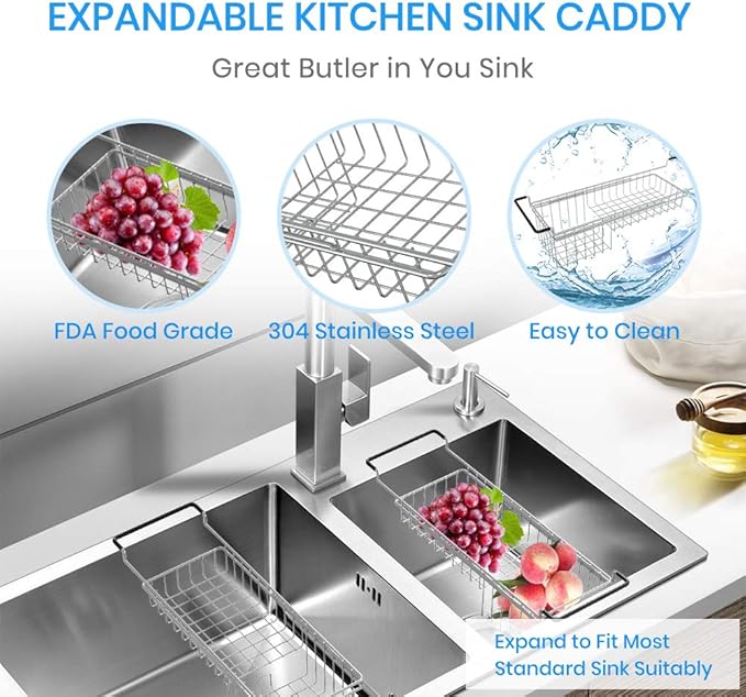 Sink Caddy Sponge Holder Kitchen Sink Organizer Sponge Caddy Expandable 16.06" - Image 6