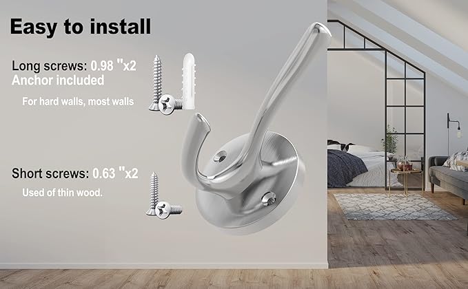Brushed Nickel Robe Hooks Towel Hooks, 3 Pack Coat Hook Heavy Duty Mudroom Hook - Image 5