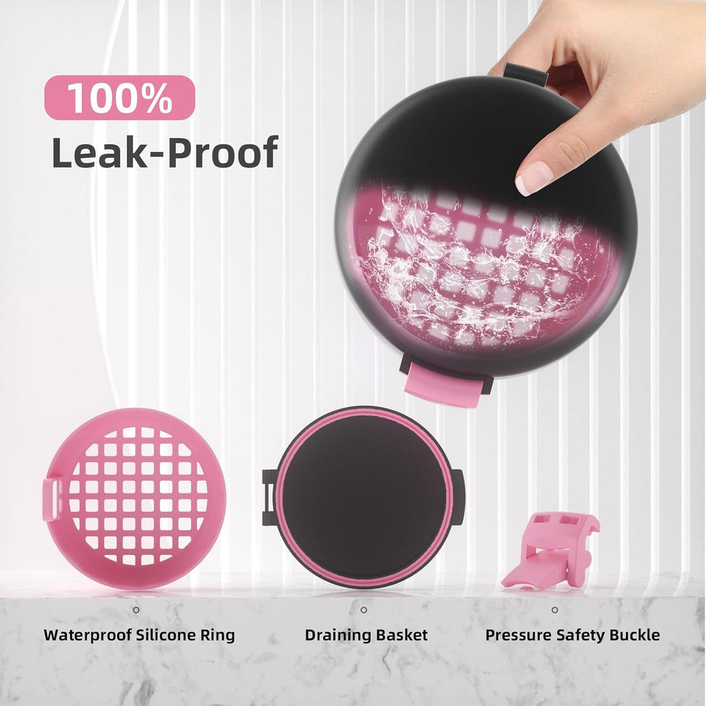 Leak-Proof Denture Bath Cup for Travel, Denture Cup for Soak Dentures, Retainer Cleaning Case with Strainer (Black + Pink)