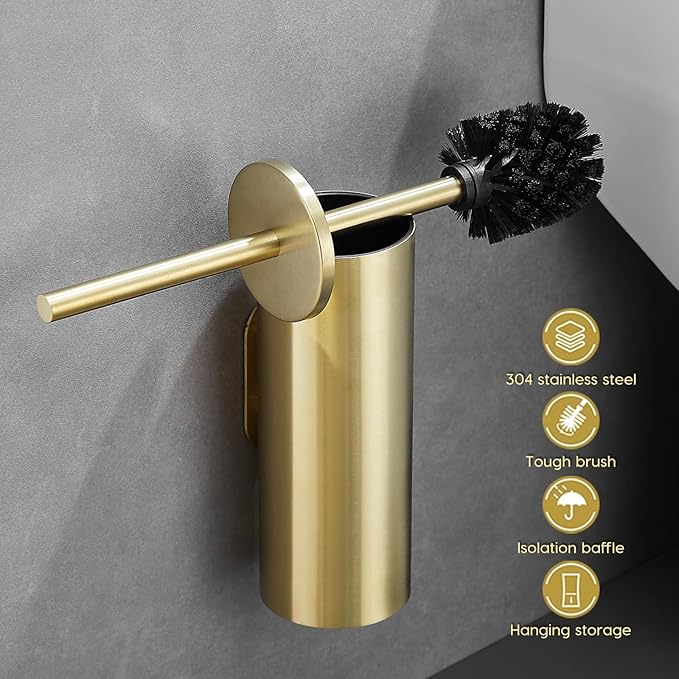 Gold Brushed Stainless Steel Toilet Brush and Cover, No-Punch Hook Base Dual - Image 9