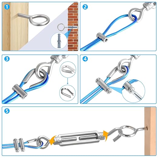 Turnbuckles for Cables Wire, 1/8" X 100Ft Blue PVC Coated Wire Rope Kit - Image 5