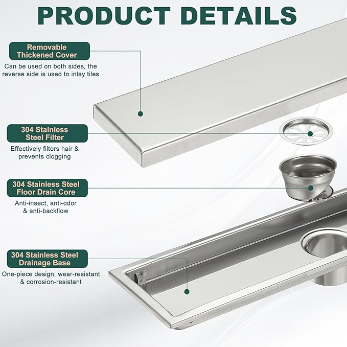 uxcell Rectangular Shower Drain, Brushed 304 Stainless Steel Odor-Proof Floor - Image 3