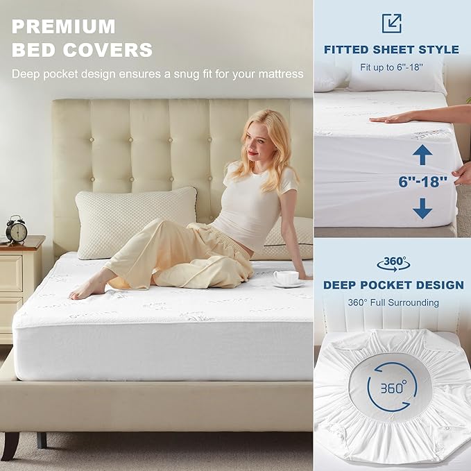 Waterproof Queen Size Mattress Protector, Mattress Pad Fitted 6"-18" Deep Pocket - Image 4