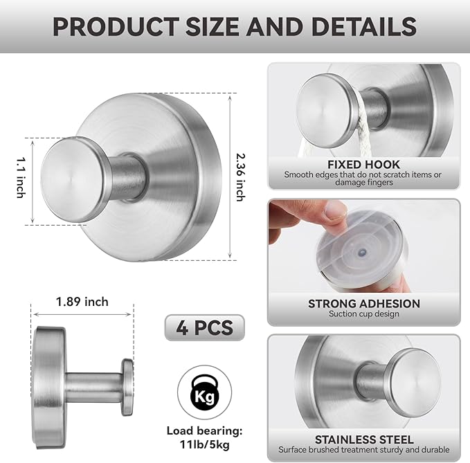4 PCS Suction Cup Hooks for Shower, Stainless Steel No Drill Suction Towel Hooks - Image 2
