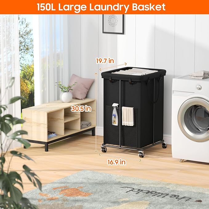 150L Laundry Hamper with Wheels, Rolling Laundry Basket with Metal Frame and - Image 2