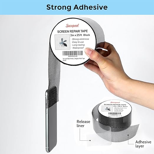 Black Window Screen Repair Tape, 3IN X 25FT Screen Repair Kit - Image 2