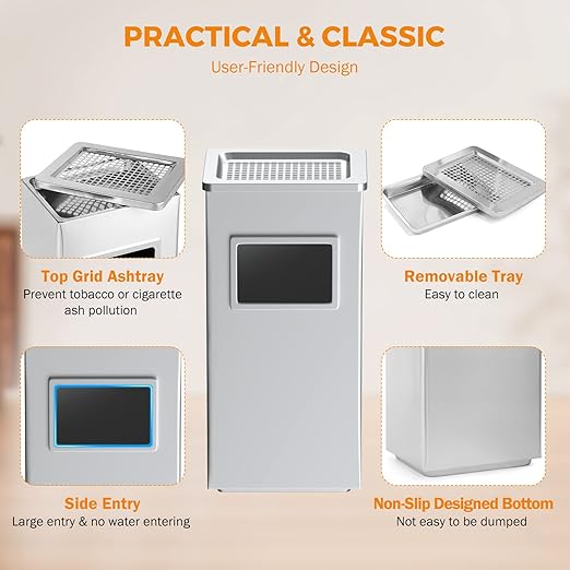 BEAMNOVA Trash Can Indoor Outdoor Metal Stainless Steel Commercial Garbage Can - Image 3