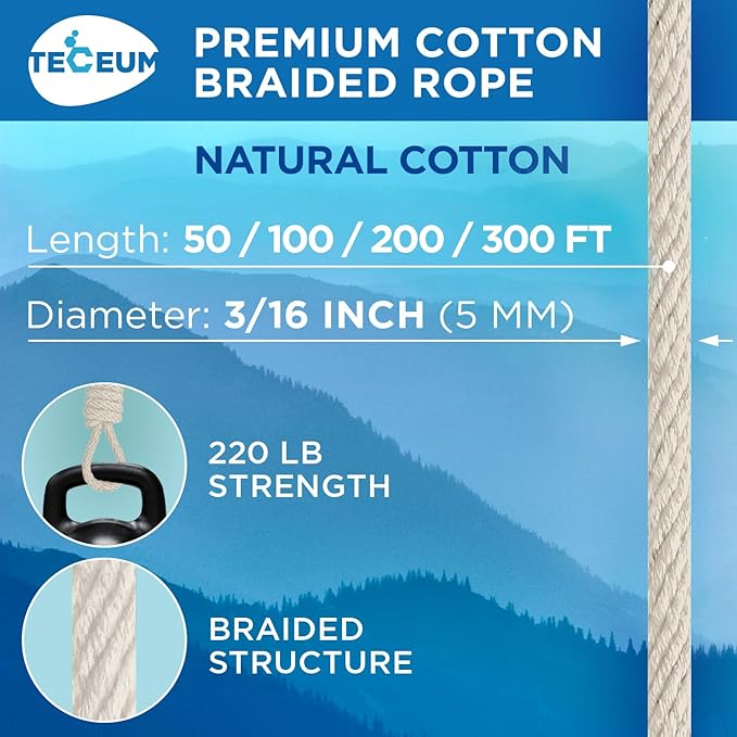 TECEUM 500lb Cotton Rope 3/16” – 50 FT | 100 FT– Strong All-Purpose Braided - Image 2