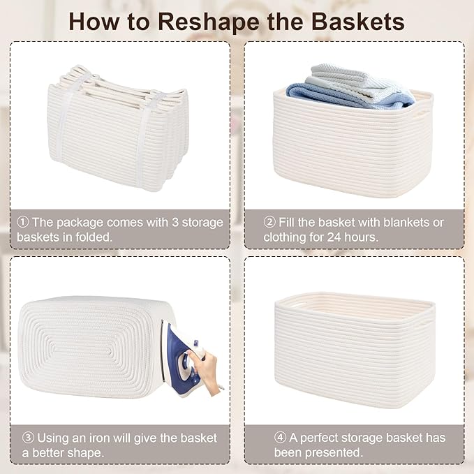 3-Pack Shelf Baskets for Organizing, Woven Storage Basket for Shelves, Cotton - Image 9