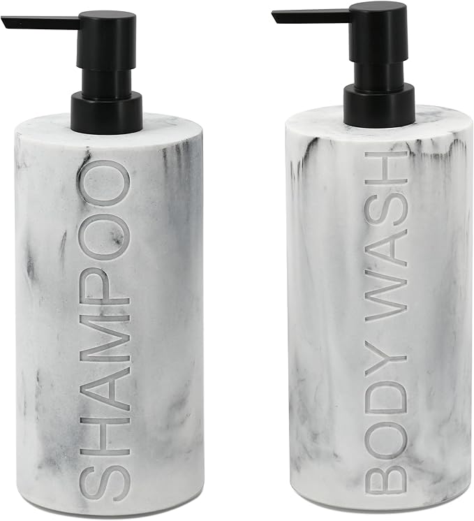 Marble Resin 2 Piece Shampoo and Body Wash Dispenser Set, Luxurious Refillable by IndecorHome