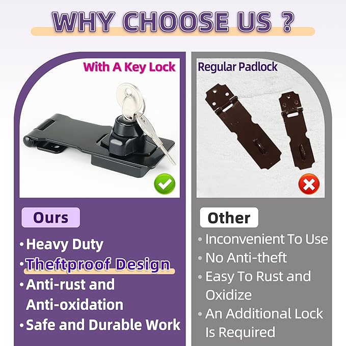 Alise Keyed Hasp Lock, 4 Inch Safety Packlock Clasp Hasps Latch, Garage Doors - Image 7