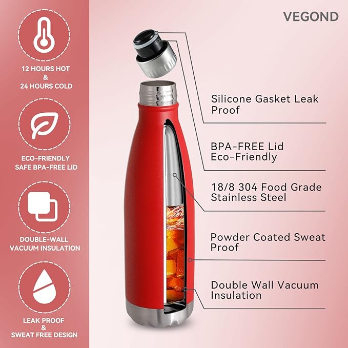 VEGOND 17oz Stainless Steel Water Bottles Bulk, Reusable Metal Sports Water - Image 2