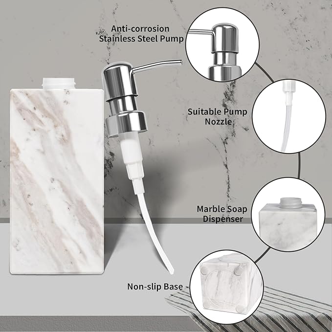 White Marble Soap Dispenser for Bathroom and Kitchen Countertop - Image 3
