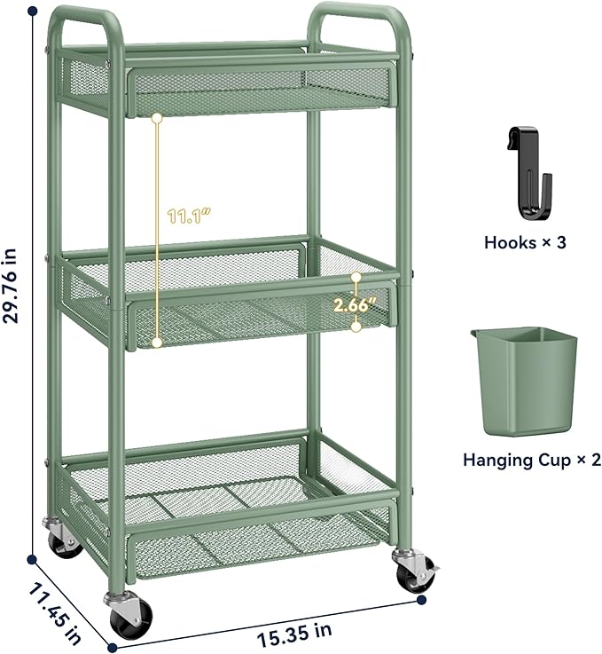 YASONIC 3 Tier Rolling Cart – Metal Utility Storage Cart - Image 6