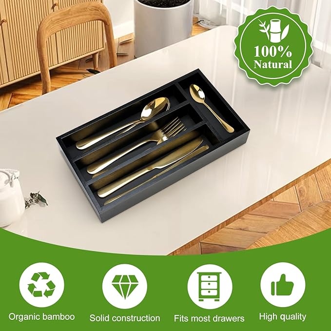 Small Wooden Silverware Organizer Tray Narrow Kitchen Drawer Dividers Utensil - Image 7