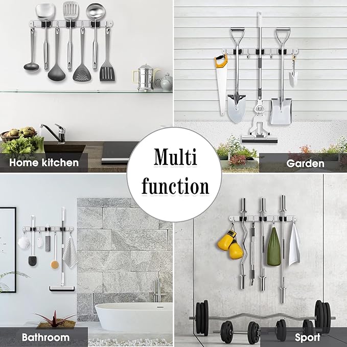 3 Racks and 4 Hooks Broom and Mop Holder Wall Mounted Garage Organizer Storage - Image 7