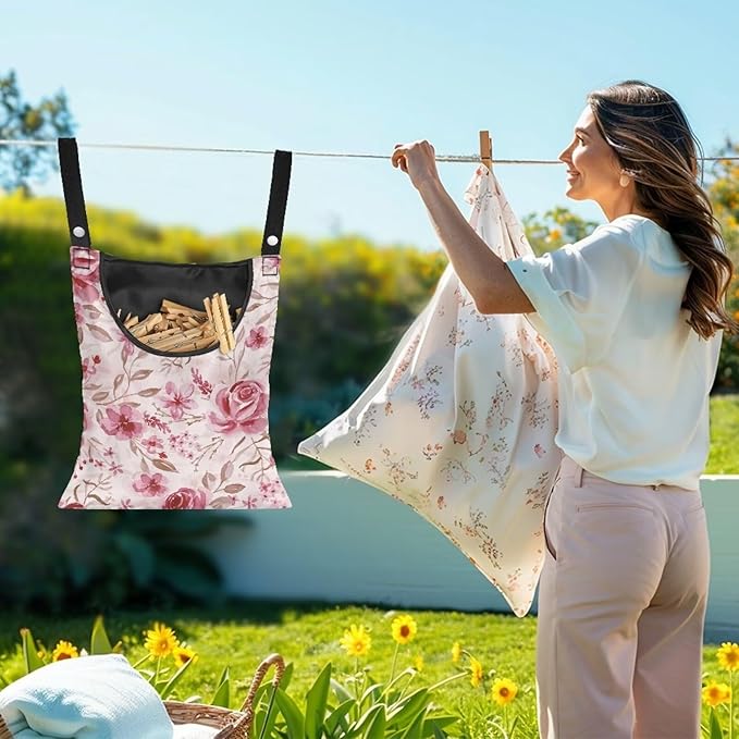 Pink Flowers Clothespin Bag Laundry Hanging Storage Organizer Clothes Pin - Image 2