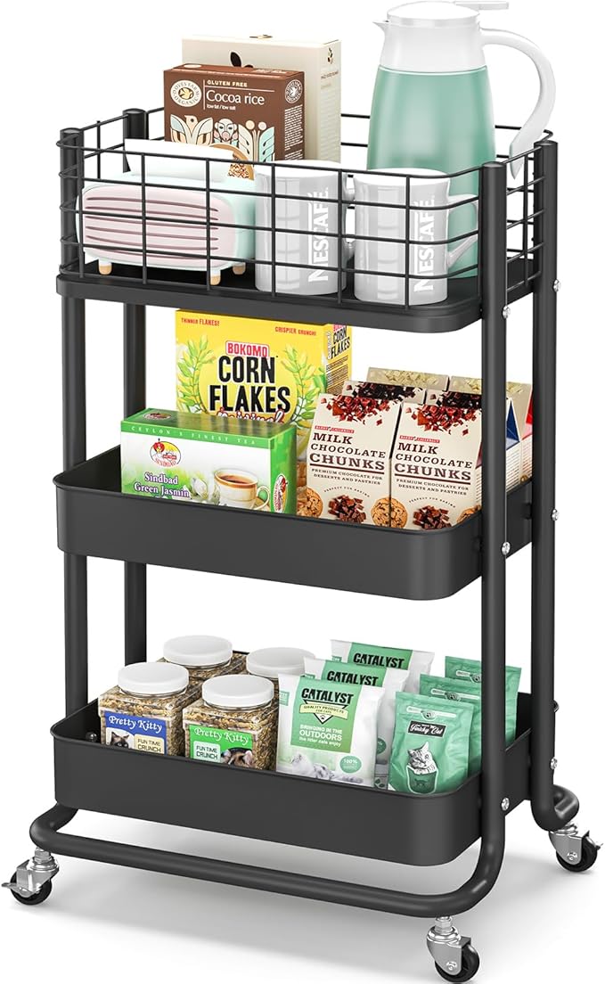 KINGRACK 3 Tier Rolling Cart, Metal Mobile Storage Shelf by KINGRACK