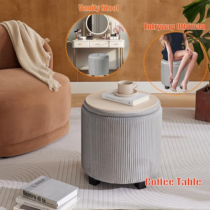 Big Round Ottoman with Storage Set of 2, Upholstered Velvet Vanity Stool - Image 6