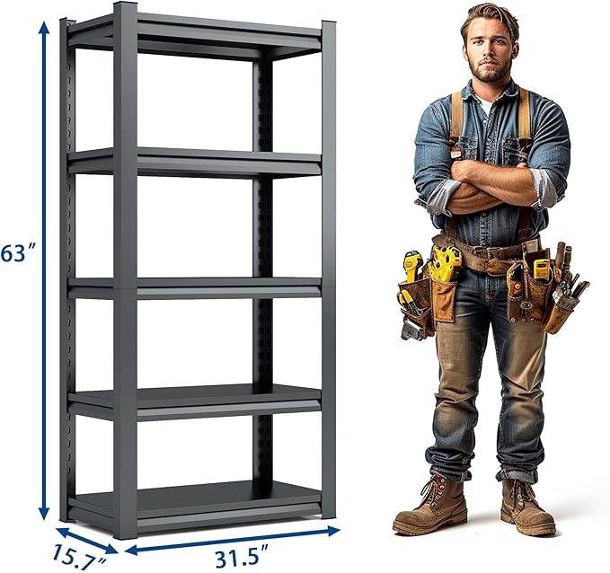 63" H Heavy Duty Garage Shelving, Metal Storage Shelves, Adjustable 5 Tier - Image 3