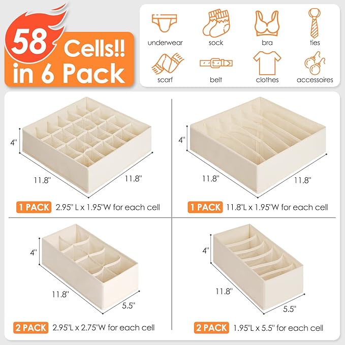 6 Pack Sock Underwear Drawer Organizer Dividers, 58 Cell Foldable Fabric - Image 4