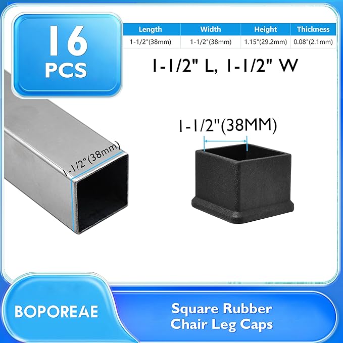 16 Pcs 1-1/2" x 1-1/2" Square Rubber Chair Leg Caps, PVC Table Leg Covers - Image 2