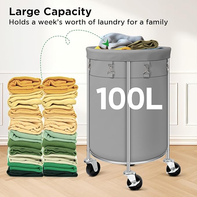 Laundry Hamper with Wheels, 100L Round Rolling Laundry Basket Sorter with - Image 8