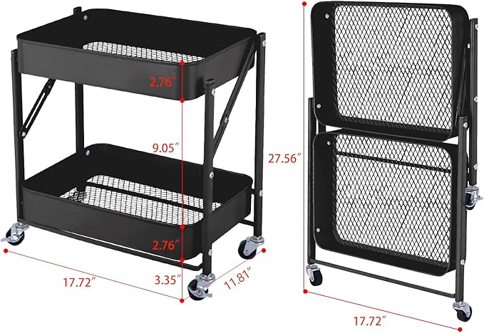 2-Tier Metal Folding Rolling Cart, Mobile Utility Cart Trolley Storage Organizer - Image 7