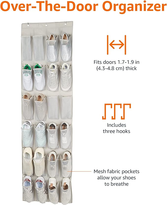 Amazon Basics 24 Medium Pocket Over-the-Door Hanging Shoe Organizer, Light Grey - Image 2