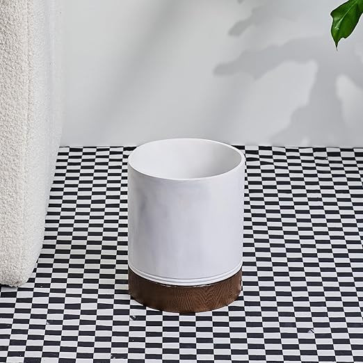 Polytree White Marble and Brown Wood Round Wastebasket, Resin Small Round - Image 6