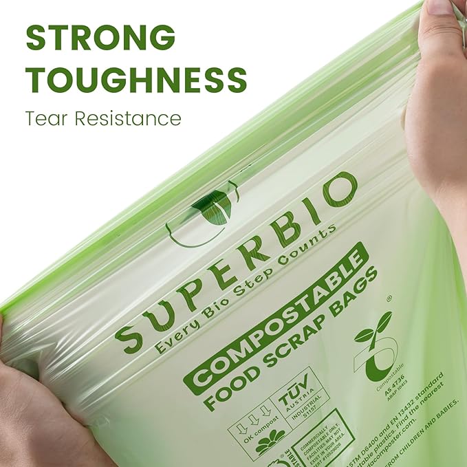 SUPERBIO 13 Gallon Handle Tie Compostable Food Waste Bags, 2 Pack, ASTM D6400 - Image 3