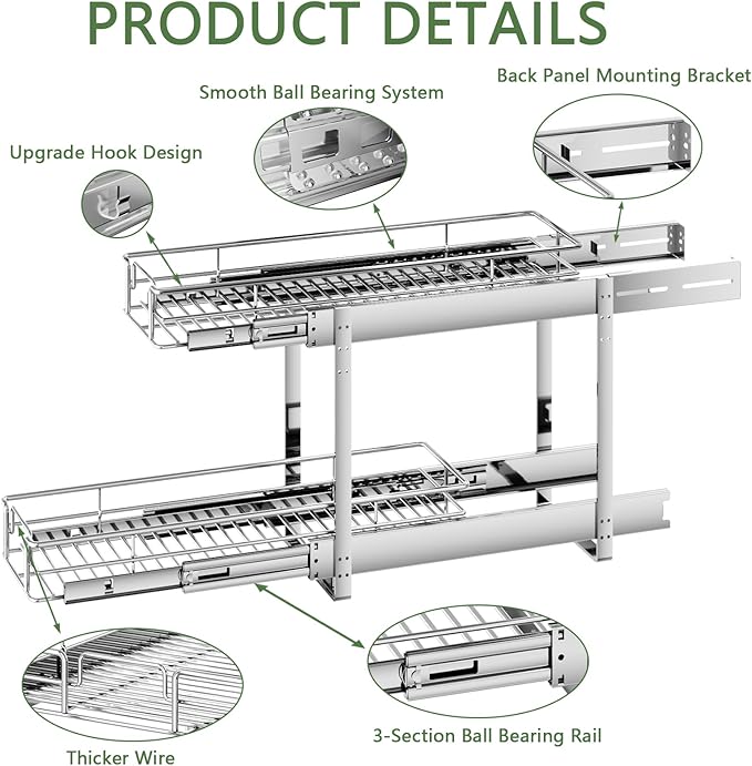 2 Tier Individual Pull Out Cabinet Organizer 7½" W x 21½" D, Heavy Duty Cabinet - Image 7