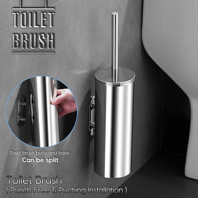 Toilet Brush and Brush Holder, Stainless Steel No-Punch Hook Base Dual Purpose - Image 2