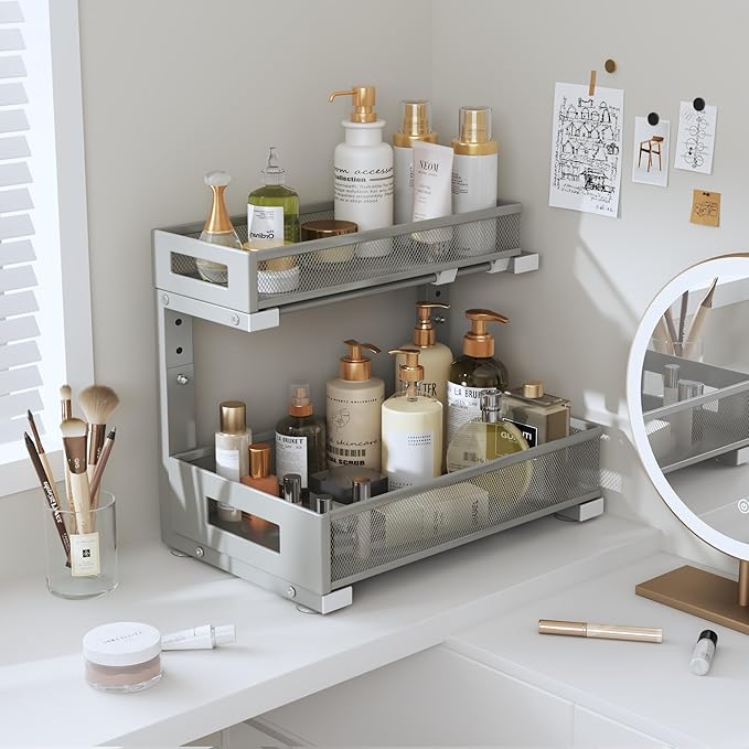 2-Pack Under Sink Storage Organizer, Large 2-Tier Elegant Mesh Pull Out Shelf - Image 8
