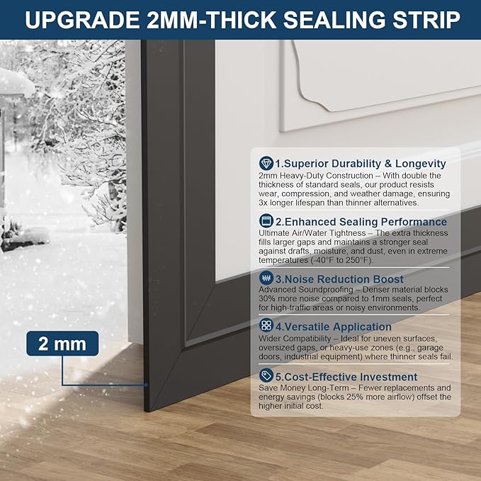 Heavy-Duty 20 ft x 3 in Weather Stripping, Extra Thick 2mm Door Draft Stopper - Image 2