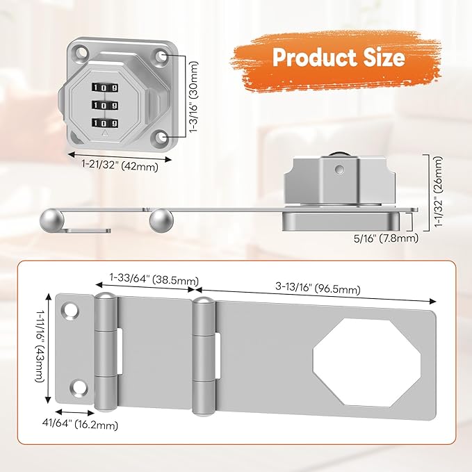 90 Degree 3-Digit Combination Cabinet Lock, Zinc Alloy Keyless Folding Hasp - Image 5