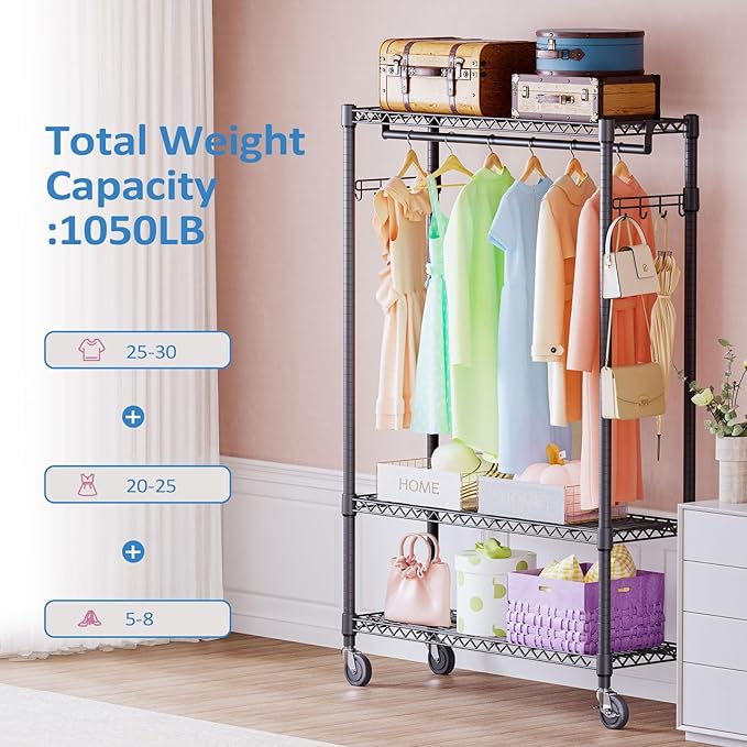IZEUK 3 Tier Heavy Duty Rolling Garment Rack Wire Clothes Rack - Image 2