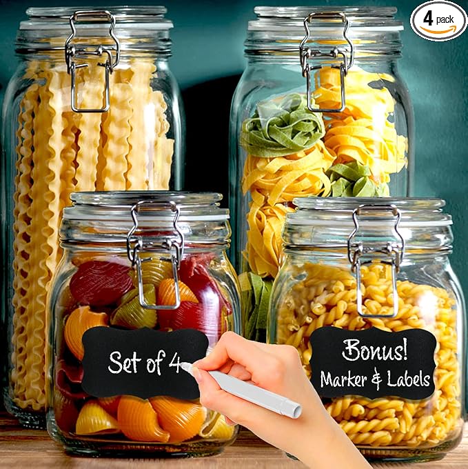 4 Glass Food Storage Jars with Airtight Lids + Chalkboard & Marker, Kitchen by LERAZE