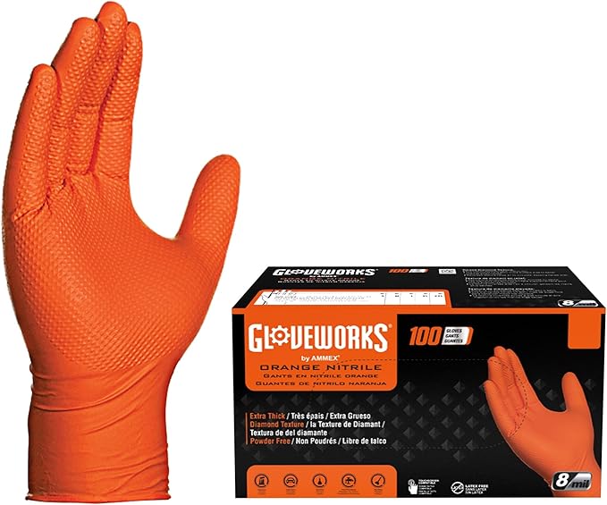 GLOVEWORKS Heavy-Duty Nitrile Gloves, Disposable, Latex Free, 8 Mil, Diamond by GLOVEWORKS