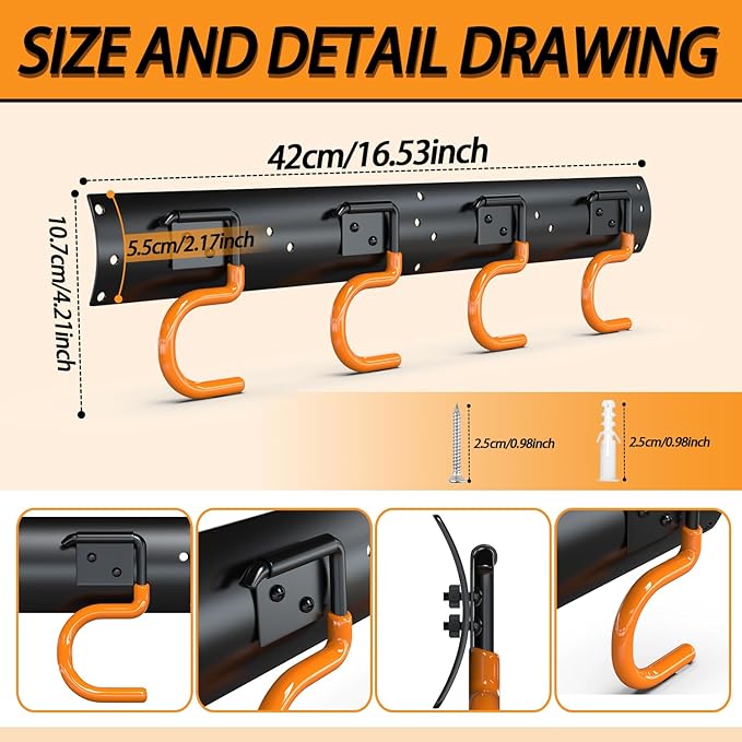 3-H 4×16" All Metal Garden Tool Organizer, Garage Tool Organizer, Broom Holder - Image 2