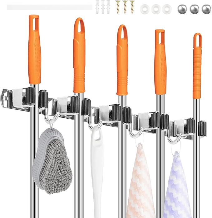 3Pcs 5 Racks 4 Hooks Stainless Steel Broom Mop Holder Anti Slip Wall Mount - Image 8