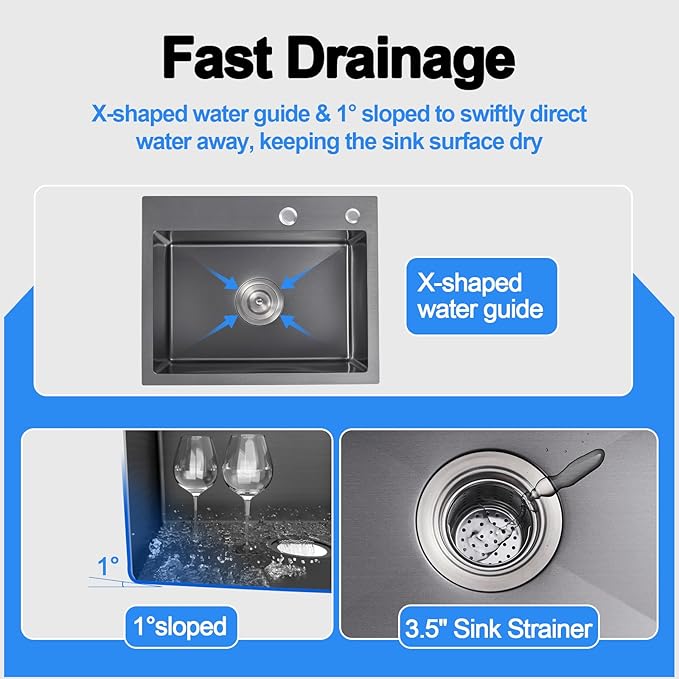 22x18 Inch Drop in Kitchen Sink, Handmade 304 Black Stainless Steel Sink - Image 6